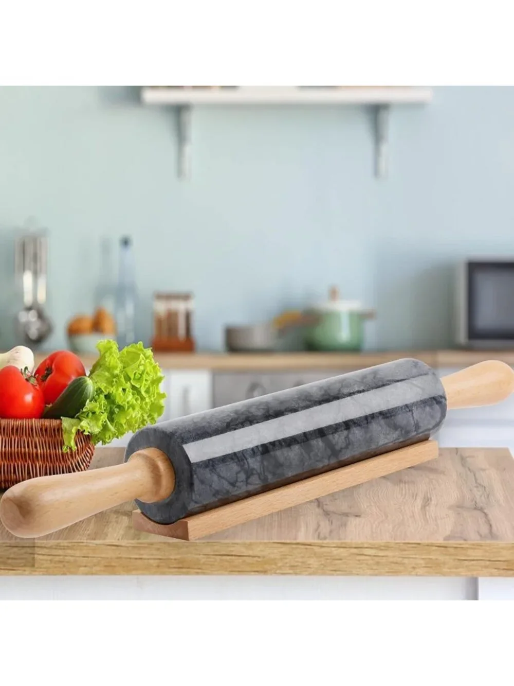 Premium Marble Rolling Pin Set with Wooden Cradle - 18.5